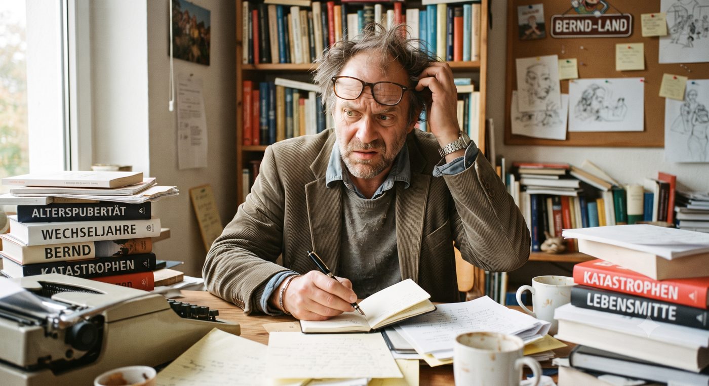 Manuel Midlife am Schreibtisch, umgeben von Manuskripten